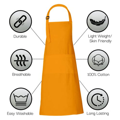 RAJRANG 100% Cotton Cooking Apron with 3 Pockets Kitchen Chef BBQ Adjustable Bib Aprons for Women Men - color: Dark Cheddar Yellow