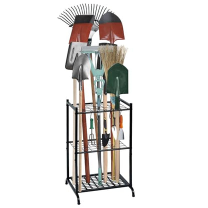 RANXFLOAT Garden Tool Organizer with Storage Hooks, Yard Tool Tower Rack for Garage Organization and Storage, Up to 35 Long-Handled Tools, Metal Tool Holder with 6 Hooks, Black