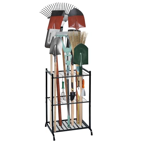 RANXFLOAT Garden Tool Organizer with Storage Hooks, Yard Tool Tower Rack for Garage Organization and Storage, Up to 35 Long-Handled Tools, Metal Tool Holder with 6 Hooks, Black