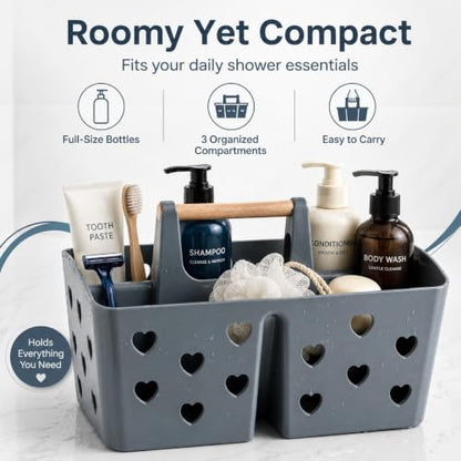 Gray Portable Shower Caddy, Plastic Basket Organizer with Wooden Handle - color: Gray