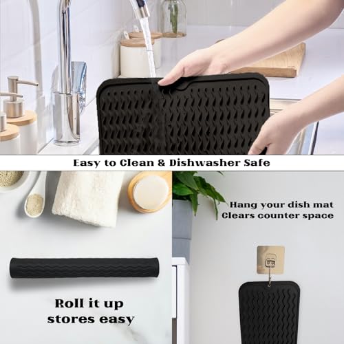 ZLR Silicone Dish Drying Mat for Kitchen Counter, Eco-Friendly Fast Dry Dish Mat, Easy Clean Multi Usage Drying Matt, Heat Resistant Trivet, 12" x 16" Large, Black - color: Black, size: 16" x 12"