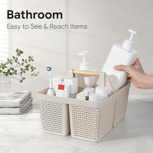 UUJOLY Portable Plastic Shower Caddy Basket with Wooden Handle, Beige - color: Beige