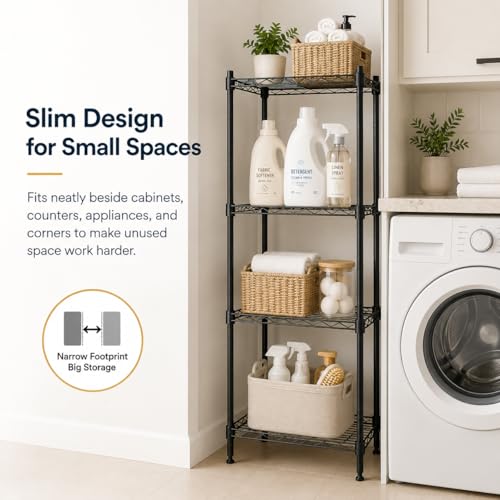 4 Tier Storage Shelves, Metal Wire Shelving Unit, Heavy Duty Adjustable Shelf Rack for Pantry, Kitchen, Garage and Laundry Room, Black - size: M-4