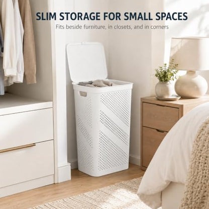 White Laundry Hamper with Hinged Lid, Rectangular 23.9 Inch - color: White 23.9 Inch