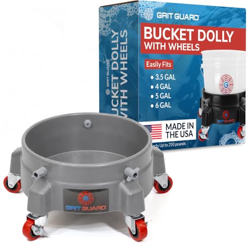 GRIT GUARD Bucket Dolly with Wheels - Rolling Detailing Wash Bucket with 5 Wheels and 2 Locking Casters Compatible with 2.5, 4, 5 and 6 Gallon Buckets (Silver, 2" Red Casters) - Made in the USA - color: Silver, size: 2" Red Casters
