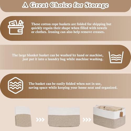 Goodpick 75L Extra Large Woven Rope Blanket Basket, Rectangle, Light Brown - color: Light Brown, size: 22"L x 17"W x 12"H