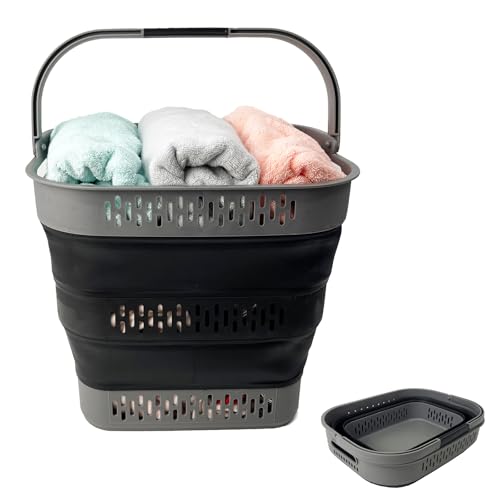 SAMMART 38L (10 Gallon) Collapsible Plastic Laundry Basket - Foldable Pop-Up Storage Container/Organizer – Portable Space Saving Laundry Hamper (1, Grey/Black) - color: Grey/Black