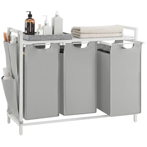 VASAGLE Laundry Hamper with Shelf, 3 Pull-Out Bags, 3 x 10.6 Gallons (40 L) - color: Dove Gray + Cloud White, size: 3 Bags - 120 L