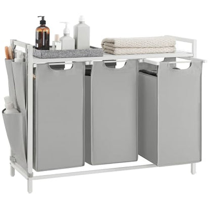 VASAGLE Laundry Hamper with Shelf, 3 Pull-Out Bags, 3 x 10.6 Gallons (40 L) - color: Dove Gray + Cloud White, size: 3 Bags - 120 L
