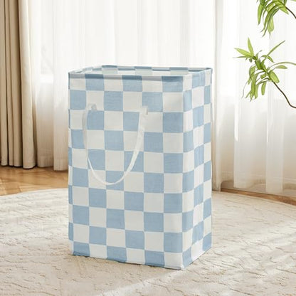 Checkered Laundry Hamper, Pack of 2, Large Pastel Blue Collapsible Cloth Hampers Basket for Storage Organization Cute Aesthetic, 2 x 75L - color: Blue