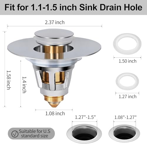 All Brass Metal Sink Stopper with Hair Catcher | Universal Bathroom Drain Strainer | Anti Clog Filter Basket, Polished Chrome, Fit for 1.08-1.5 Inch Sink Drain Hole