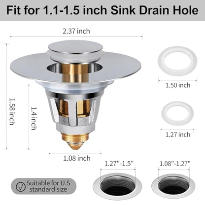 All Brass Metal Sink Stopper with Hair Catcher | Universal Bathroom Drain Strainer | Anti Clog Filter Basket, Polished Chrome, Fit for 1.08-1.5 Inch Sink Drain Hole