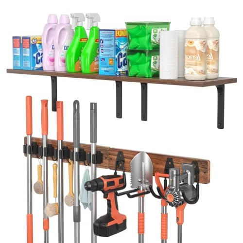 Broom Holder Wall Mount, 33.8 Inch, Wooden Shelf, Rustic Wood Broom Hanger - size: 33.8"Large