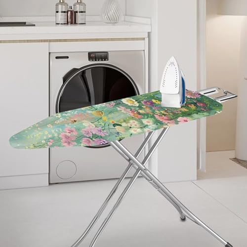 Green Flowers Ironing Board Cover and Pad Standard Size Durable Iron Board Protective Stretchy Cover 15x 54 Daisy Ironing Board Covers Built in Ironing Board Sleeve with Elastic Edge Decor - color: Green Flowers