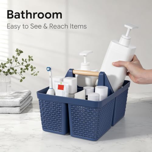 UUJOLY Portable Plastic Shower Caddy Basket with Wooden Handle, Dark Blue - color: Dark Blue
