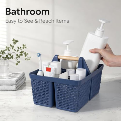 UUJOLY Portable Plastic Shower Caddy Basket with Wooden Handle, Dark Blue - color: Dark Blue