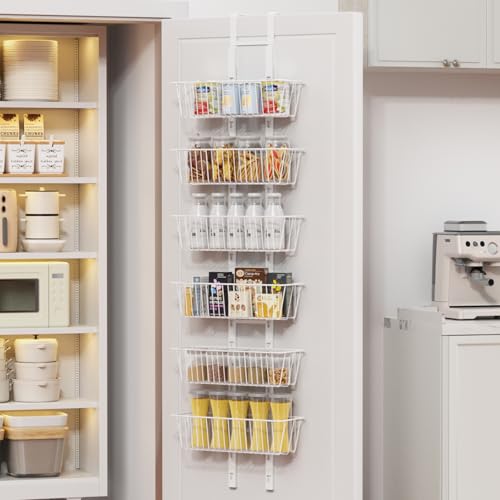 6 Tier Over the Door Pantry Organizer, Foldable Metal Over the Door Hanging Spice Rack with 6 Baskets, Adjustable No Drill Hanging Storage Rack for Kitchen, Bedroom, Laundry, Bathroom, White - color: White, size: 6-Tier
