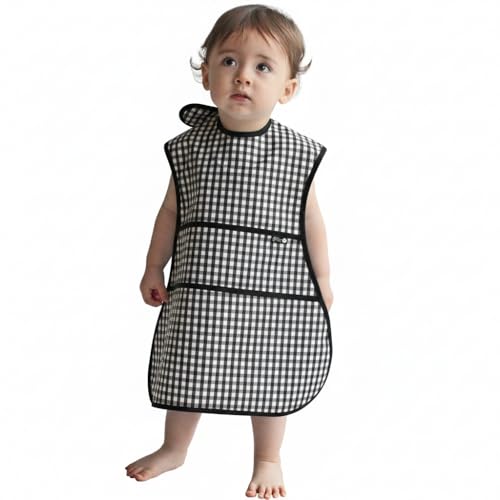 Plie Full Coverage Waterproof Feeding Bib for Toddlers – Extra Long Apron Bib for Mealtime, Self-Feeding, High Chairn - color: Black Check