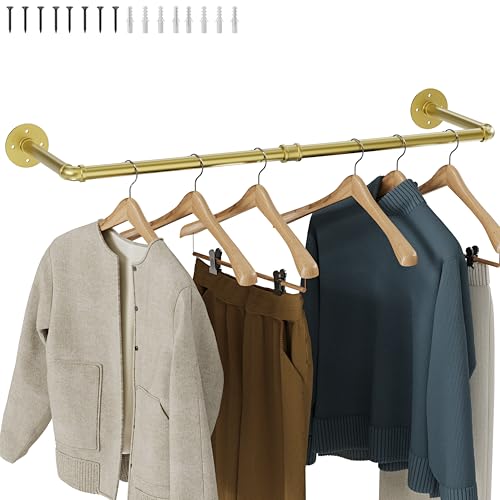 Wall Mounted Clothes Rack, Industrial Pipe Clothing Rack 32 Inch Gold, Wall Clothes Hanger for Bedroom, Cloakroom, Closet, Hallway, Boutique Display, Drying Racks Wall-Mount for Laundry - color: Gold, size: 32 Inch
