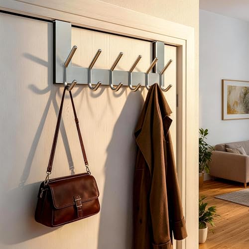 WEBI Over The Door Hook Door Hanger:Over The Door Towel Rack with 6 Hooks for Hanging Coats,Towel Hanger Door Coat Hanger Over Door Coat Rack for Towels,Clothes,Back of Bathroom,Silver - color: Silver, size: 1 Pack