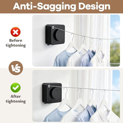 Retractable Clothesline Indoor & Outdoor, Non-Sagging Heavy Duty Retracting Laundry Drying Line, Wall Mounted Stainless Steel Clothes Line - 13.78 Ft (Black) - color: Black