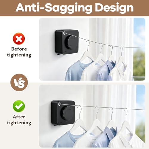 Retractable Clothesline Indoor & Outdoor, Non-Sagging Heavy Duty Retracting Laundry Drying Line, Wall Mounted Stainless Steel Clothes Line - 13.78 Ft (Black) - color: Black