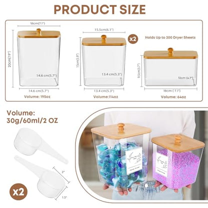 COAZEX 4 Pack Clear Laundry Pods Container & Dryer Sheet Holder,Bamboo Lids - color: Bamboo-Square-White Labels
