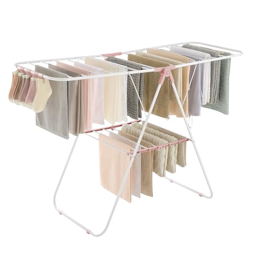 SONGMICS Clothes Drying Rack, Foldable Space-Saving Laundry Drying Rack - color: White + Pink, size: 1 Tier （21.7"d x 58.3"w x 39.4"h）