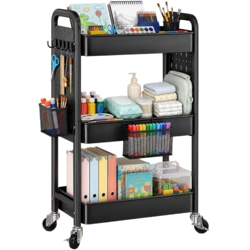 3 Tier Black Rolling Storage Cart Metal with DIY Pegboard and Wheels - color: Black