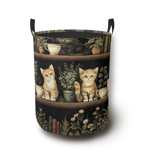 Cat Laundry Basket with Handles,Bookshelf Waterproof Clothes Organizer Bin Collapsible Storage Basket for Bedroom Bathroom Dorm Room 16" x 20.8" - color: Cat Bookshelf