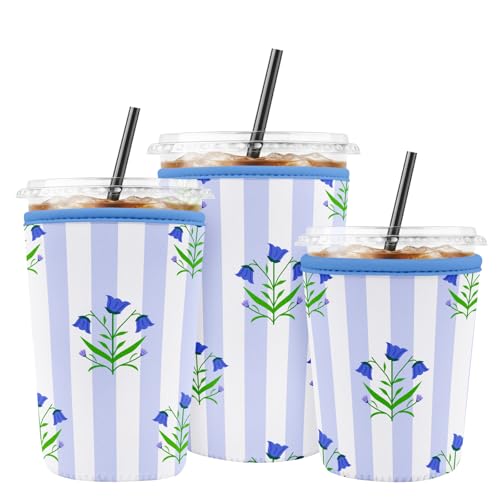 Iced Coffee Sleeve Reusable Neoprene Cup Sleeves, Stripes Flowers - color: Stripes Flower