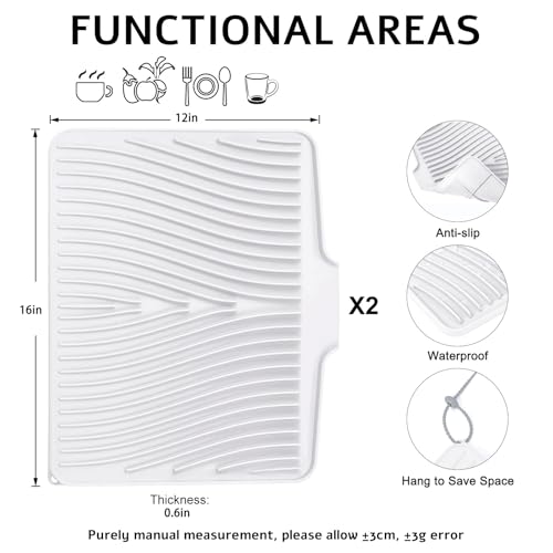 TIKNIK Silicone Dish Drying Mat for Kitchen Counter, White-2pcs, 16" x 12" - color: White-2pcs, size: 16" x 12"
