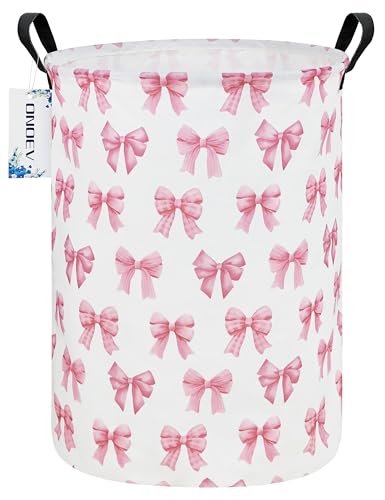 Round Large Pink Bow Print Waterproof Laundry Hamper - color: Round Pink Knot