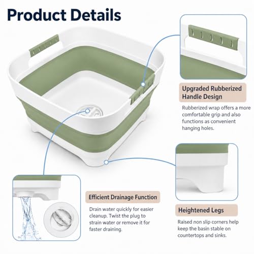 Collapsible Dish Basin with Drain Plug, 2.4 Gal 9L Foldable Wash Basin, Portable Sink Tub for Kitchen, Baby Bottles, Camping, RV, Vegetable Washing and Beverage Tub, Green - color: Green