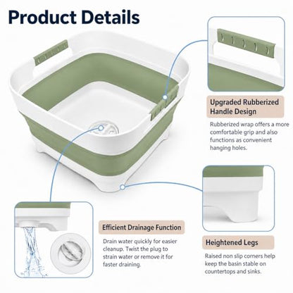 Collapsible Dish Basin with Drain Plug, 2.4 Gal 9L Foldable Wash Basin, Portable Sink Tub for Kitchen, Baby Bottles, Camping, RV, Vegetable Washing and Beverage Tub, Green - color: Green