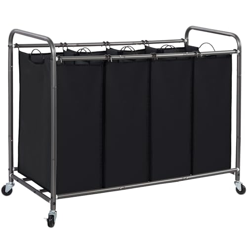 STORAGE MANIAC Laundry Sorter 4 Section, 47.5 Gal (180 L) Laundry Hamper with Wheels, Clothes Divider Basket Sorter, Separator Hamper Cart with Removable Bags, Black - color: Black, size: 4 Section