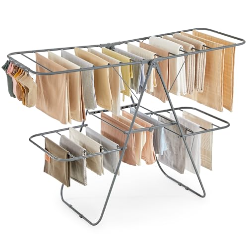 SONGMICS Clothes Drying Rack, Foldable 2-Level Stee Laundry Drying Rack - color: Gray, size: 2 Tiers（22"d x 61.8"w x 64.3''h )