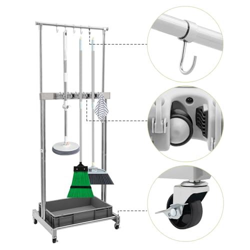 Broom and Mop Holder, Mobile Cleaning Tools Storage Cart with Wheels, Cleaning Supplies Organizer with 5 Slots 12 Hooks and Drip Tray, Janitorial Cart for Home Garage Laundry Room Office