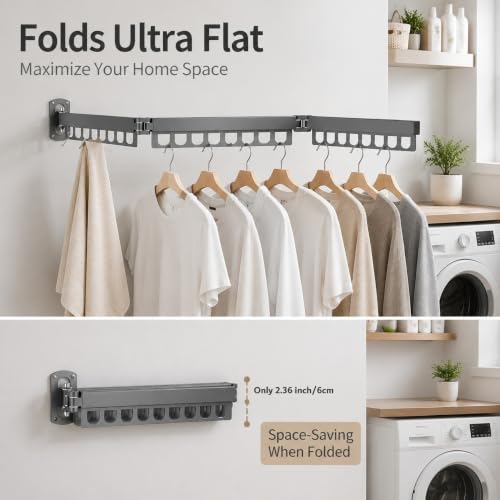 Wall Mount Laundry Drying Rack with 24 Hooks – Foldable 3-Bar Rustproof Steel Clothes Organizer, 360° Swivel Space-Saving Drying Station for Apartments, Laundry Rooms, Balconies & RVs - color: Gray