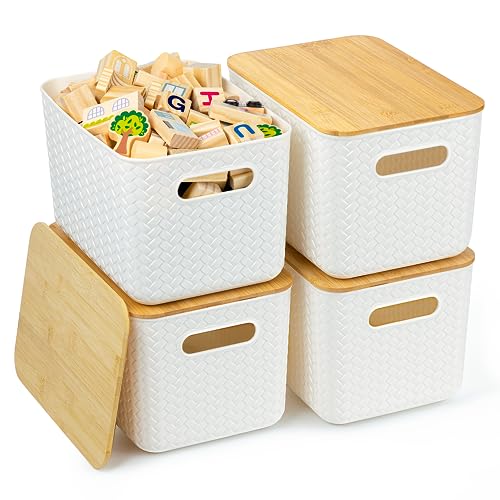 Ohmlove 4 Pack Storage Bins with Bamboo Lids,Stackable Box for Organization - color: White