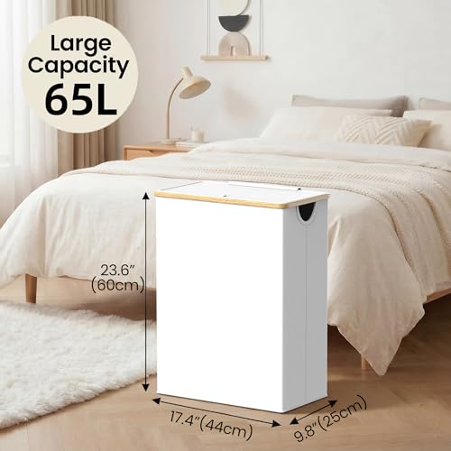 efluky Slim Laundry Basket with Lid, Narrow Laundry Hamper with Removable Bag, Skinny Dirty Clothes Basket with Bamboo Handles for Bathroom, Bedroom & Laundry Room, 65L White - color: White, size: 65L