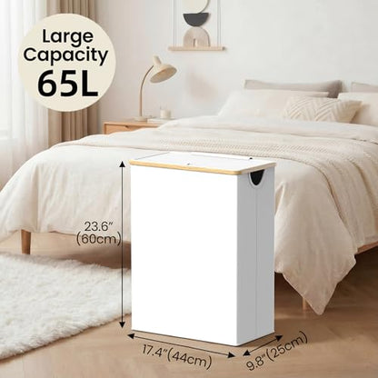 efluky Slim Laundry Basket with Lid, Narrow Laundry Hamper with Removable Bag, Skinny Dirty Clothes Basket with Bamboo Handles for Bathroom, Bedroom & Laundry Room, 65L White - color: White, size: 65L