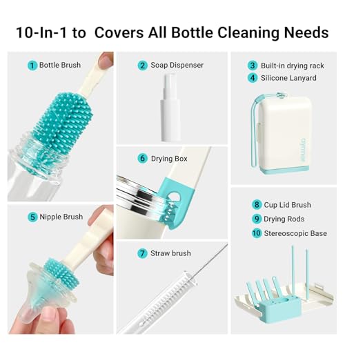 Aynmer Baby Bottle Brush Cleaner Set - 10 In 1 Travel Bottle Cleaning Brush Kit with Silicone Bottle Brush, Nipple Brush, Soap Dispenser, Portable Drying Rack, Breast Pump & Bottle Cleaning Kit -Green - color: Lake Green