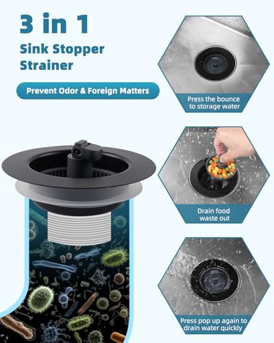 Universal 3 in 1 Kitchen Sink Drain Strainer Stopper Combo, Matteblack - style: Black Metal Shell with Folded Handle Strainer
