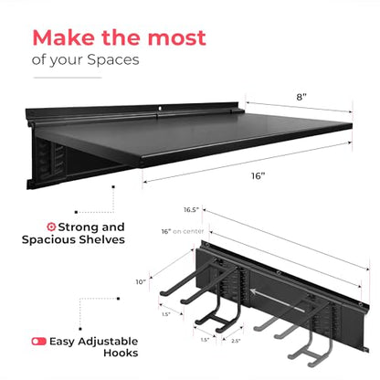 TIDYME Garage Tool Organizer Wall Mount 64", 2 Shelves & 4 Double Hooks - size: 64" (2 Shelves)