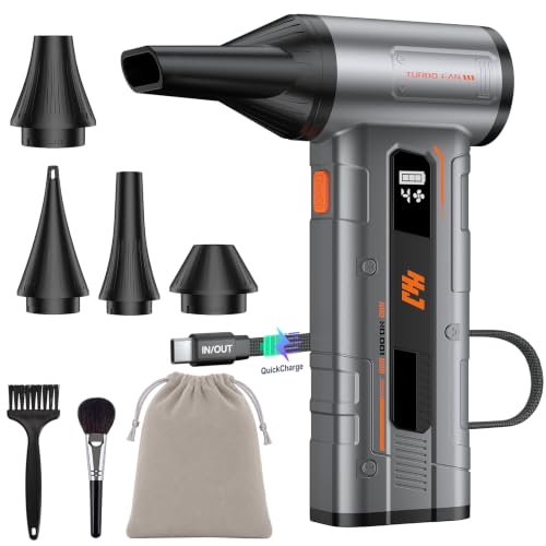 HHJ BC07 Electric Air Duster, 150,000 RPM, 20W PD Fast Charging, 30W Power Output, 4 Speeds & 5 Nozzles, LED＆SOS Light, Compressed Air Duster Alternative for PC, Keyboard, Car, Home & Outdoor