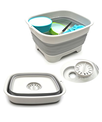 SAMMART 9.1L (2.4Gallon) Collapsible Dishpan with Draining Plug - Foldable Indoor Outdoor Washing Basin - Portable Dish Washing Tub - Space Saving Kitchen Storage Tray (1, Grey) - color: Gray