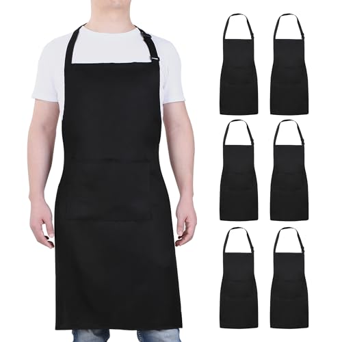 Will Well Chef Apron for Men and Women - 33" x 27" Large with 38" Waist Ties for a Comfy and Snug Fit, Durable and Lightweight, with 2 Spacious Pockets for Your Cooking Essentials - 6-Pack, Black - color: 01 - Black, size: 6 Pack