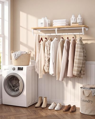 CHOEZON Wall Mounted Clothes Rack, Metal Garment Rack with Top Shelf, Laundry Storage Shelf with Hanging Rod, for Laundry Room, Bedroom, Entryway and Storage Room, Natural and White TYM02NW - color: Natural, White