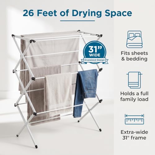 Honey-Can-Do 3-Tier Oversized Clothes Drying Rack, 31" Wide, No Assembly - color: White, size: 31" W